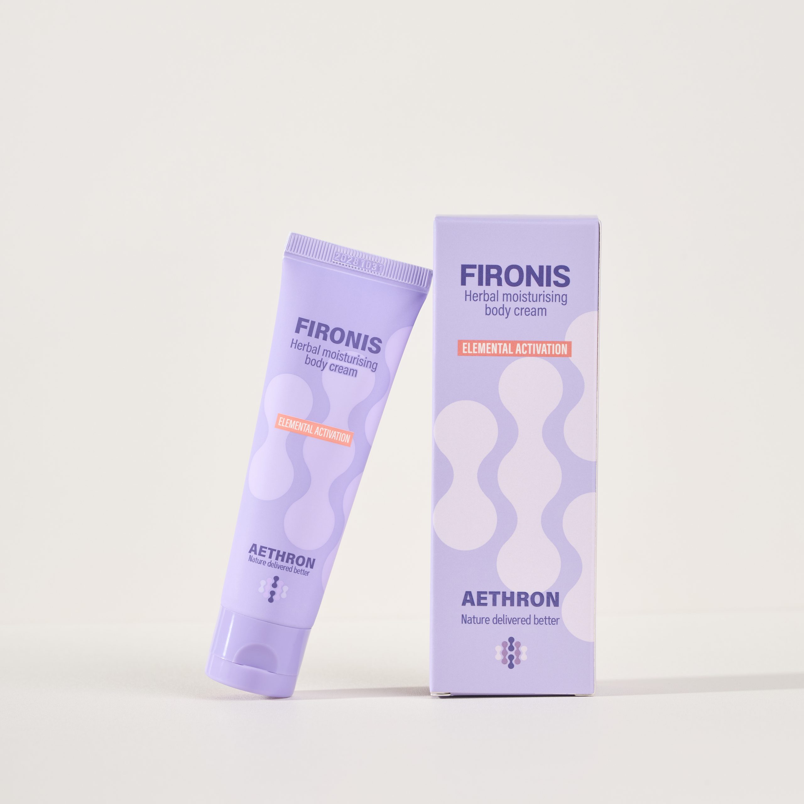 Fironis herbal moisturising body cream by Aethron, showing the tube and outer packaging on a light background