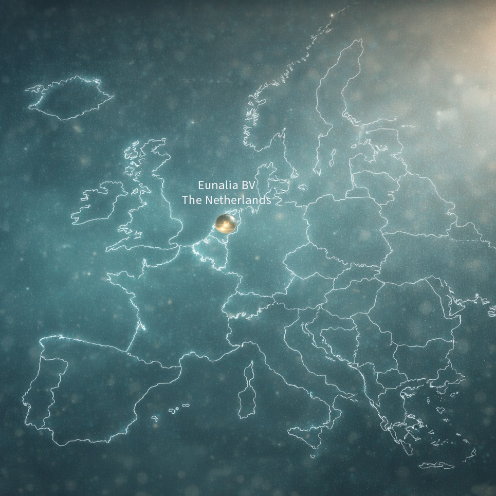 Abstract map of Europe highlighting Nano Botanicals’ regional representation, with a focal marker indicating an established European partner location.