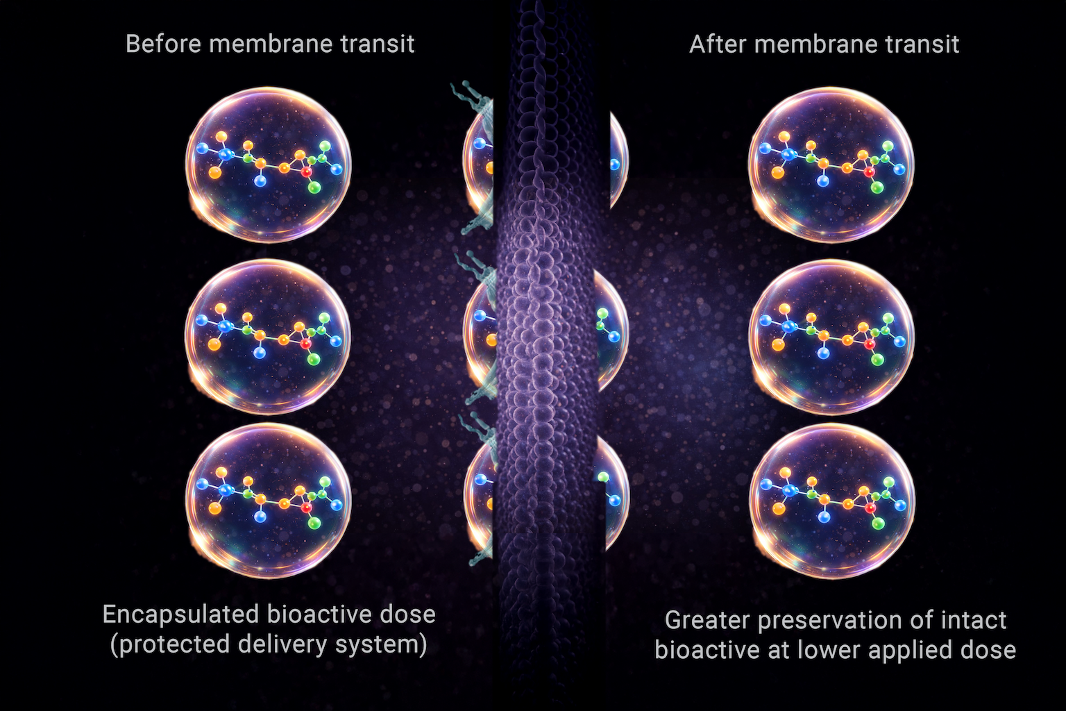 Nano-encapsulated bioactive molecules before and after membrane transit, showing preserved molecular integrity and improved availability at lower applied dose through protected delivery.