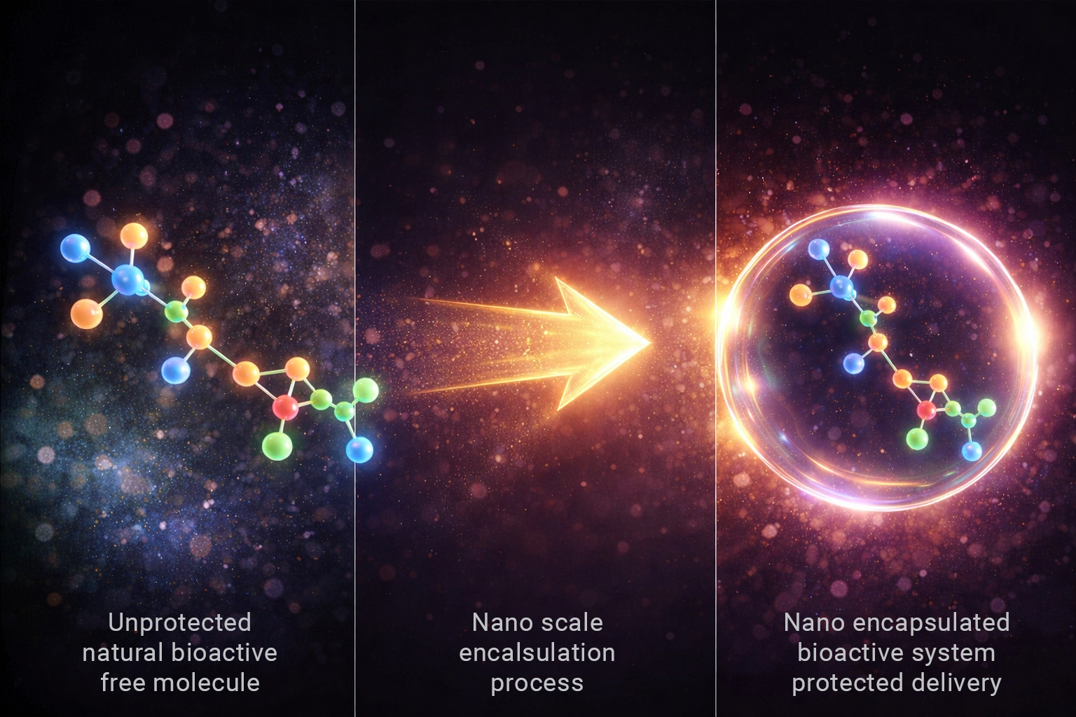 Illustration showing a natural bioactive molecule before and after nano-encapsulation, highlighting the formation of a protective nano-scale carrier system for improved stability and delivery.