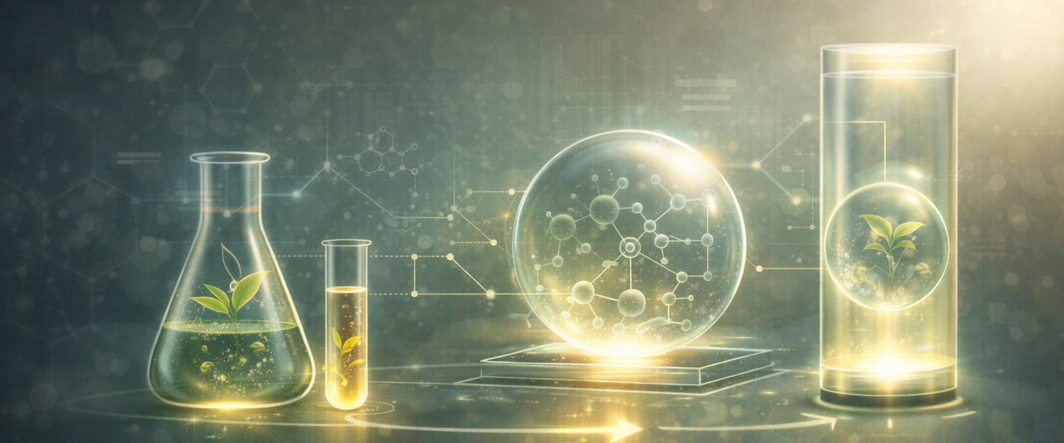 Abstract illustration showing natural compounds being analysed, refined, and stabilised through a structured scientific research and formulation process